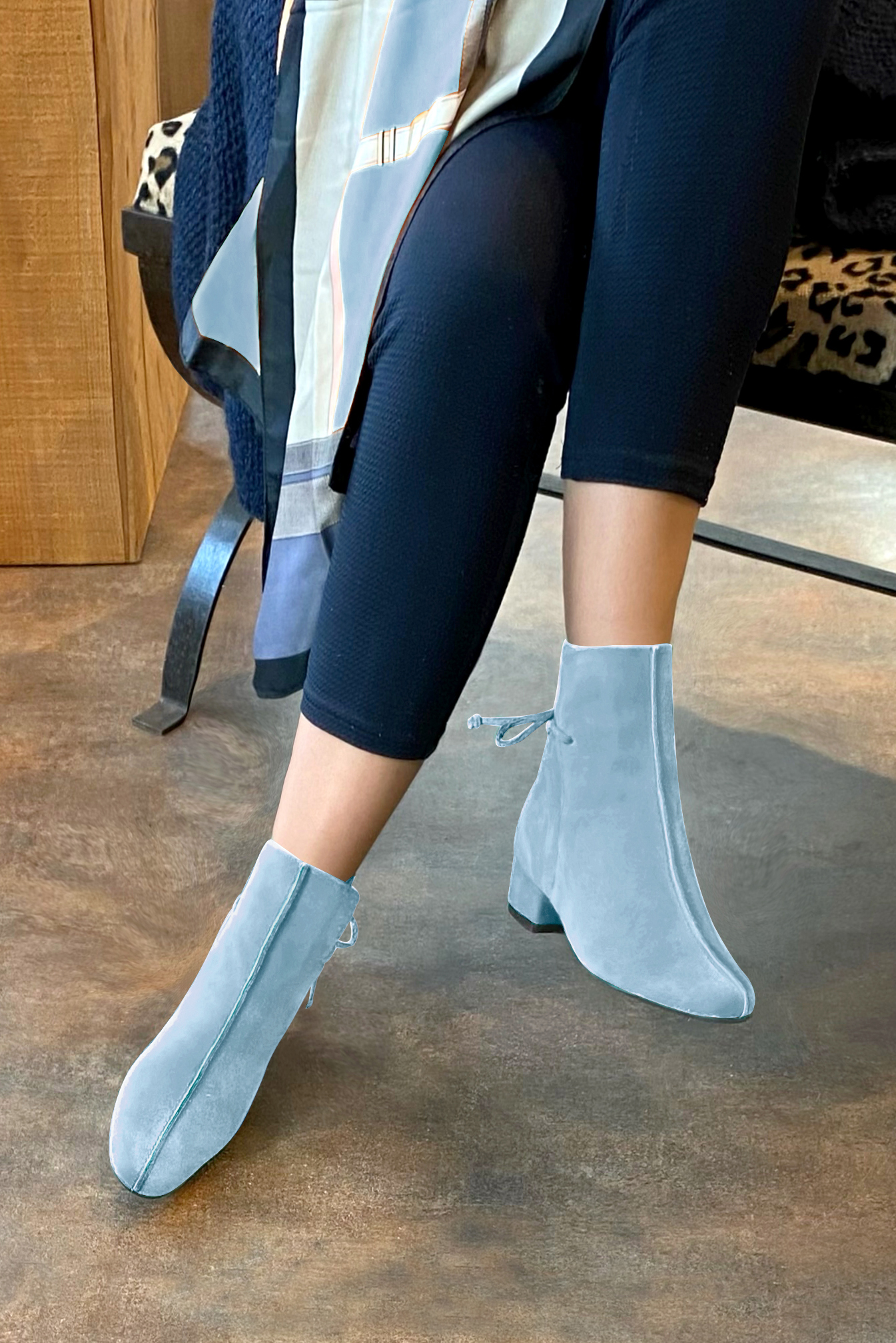 Sky blue women's ankle boots with laces at the back. Round toe. Low block heels. Worn view - Florence KOOIJMAN